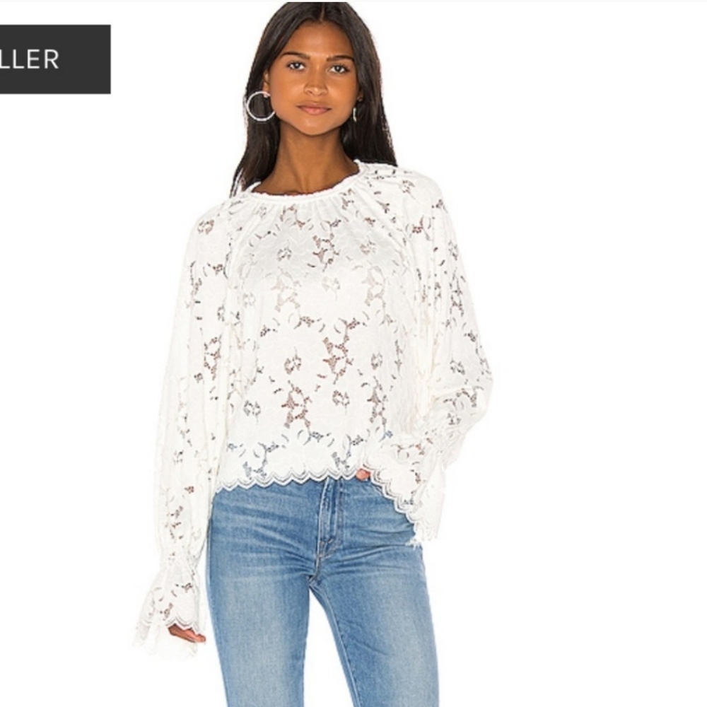 FREE PEOPLE Olivia Gathered Crew Neck Lace Top Size XS